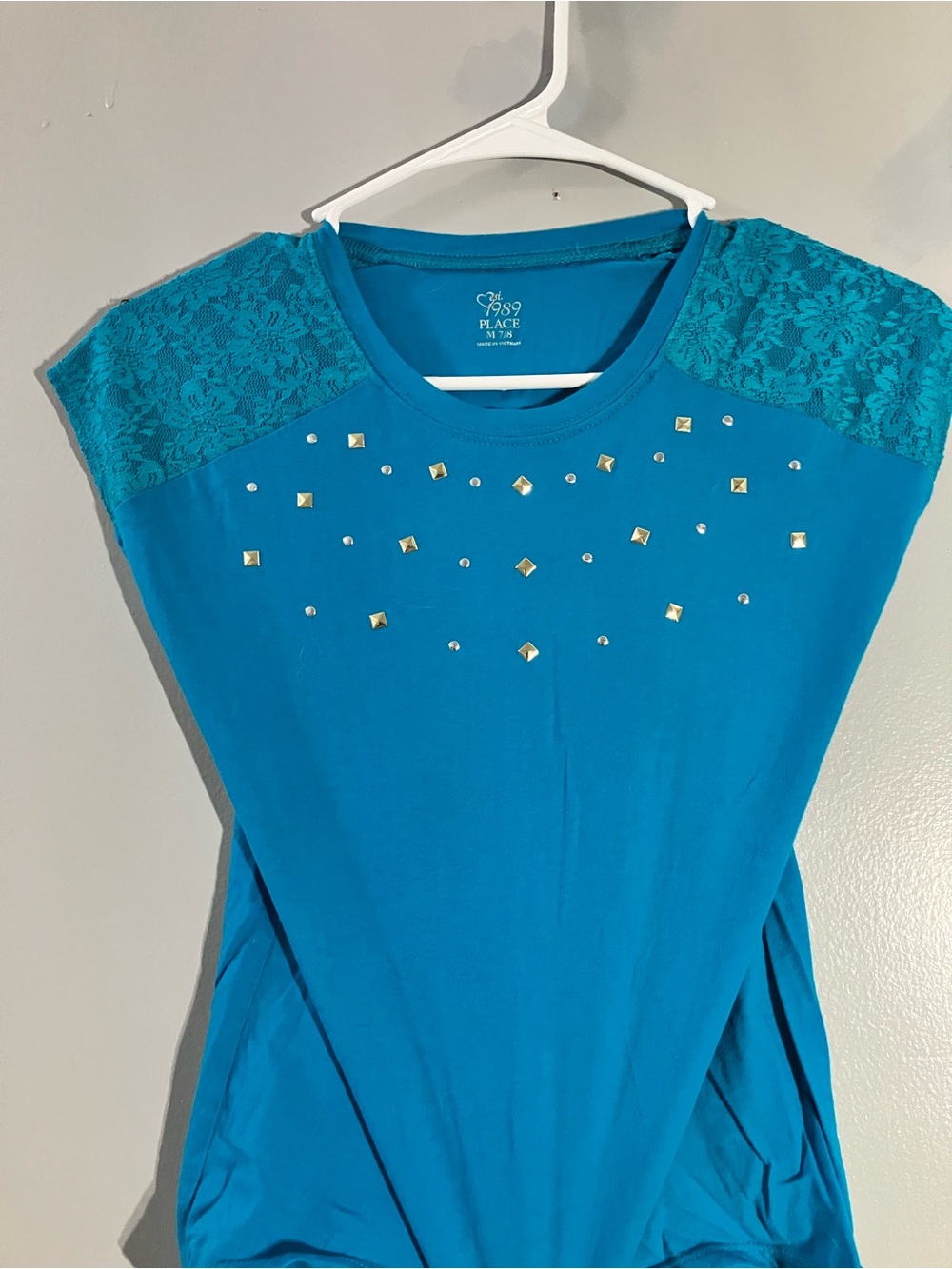 Place Teal Short Sleeve Tee with Lace Shoulders and Gold Studs